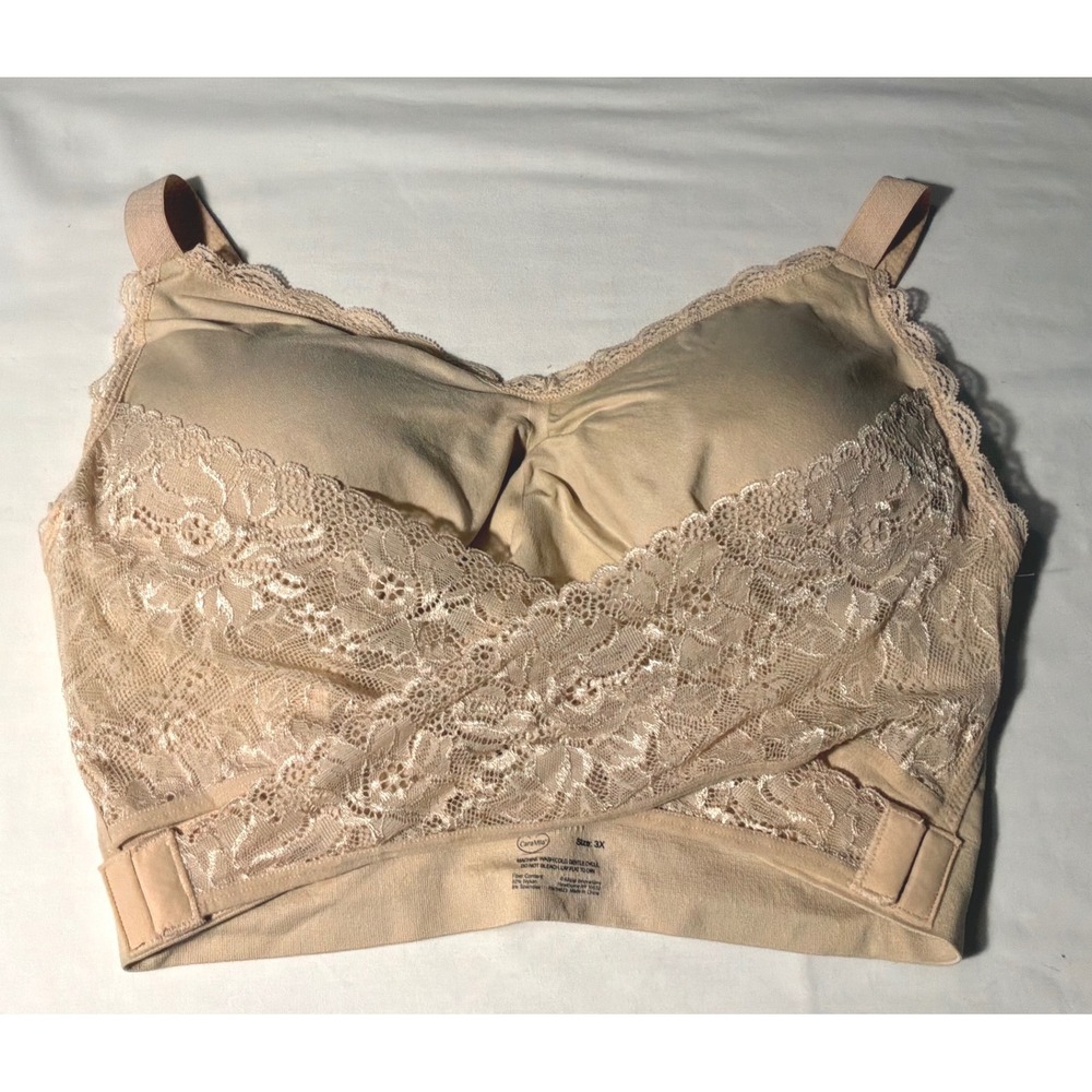 Cara Mia Beige Lace Front Crossover Bra Wireless Bralette Tan Size 3X